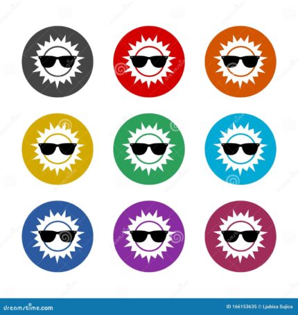 Sol con gafas de icono color aislado en fondo blanco logotipo vectorial simple 166153635